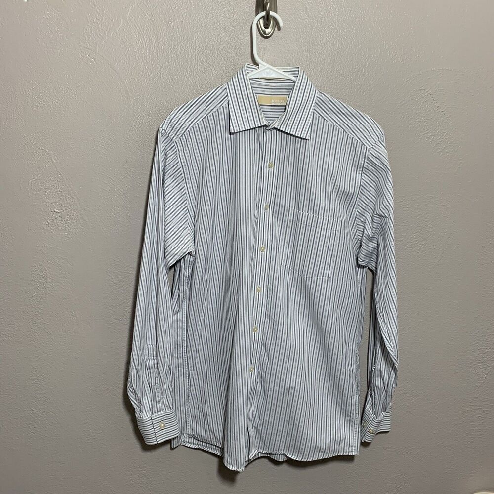 Michael Kors Mens Long Sleeve Button Up Shirt Striped Sz 15.5 - 34/35 White Gray